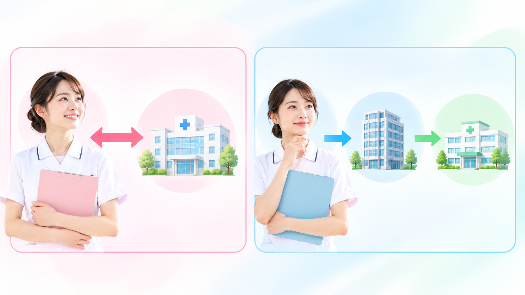 看護師の直接雇用と派遣の雇用関係の違いを示すイメージ