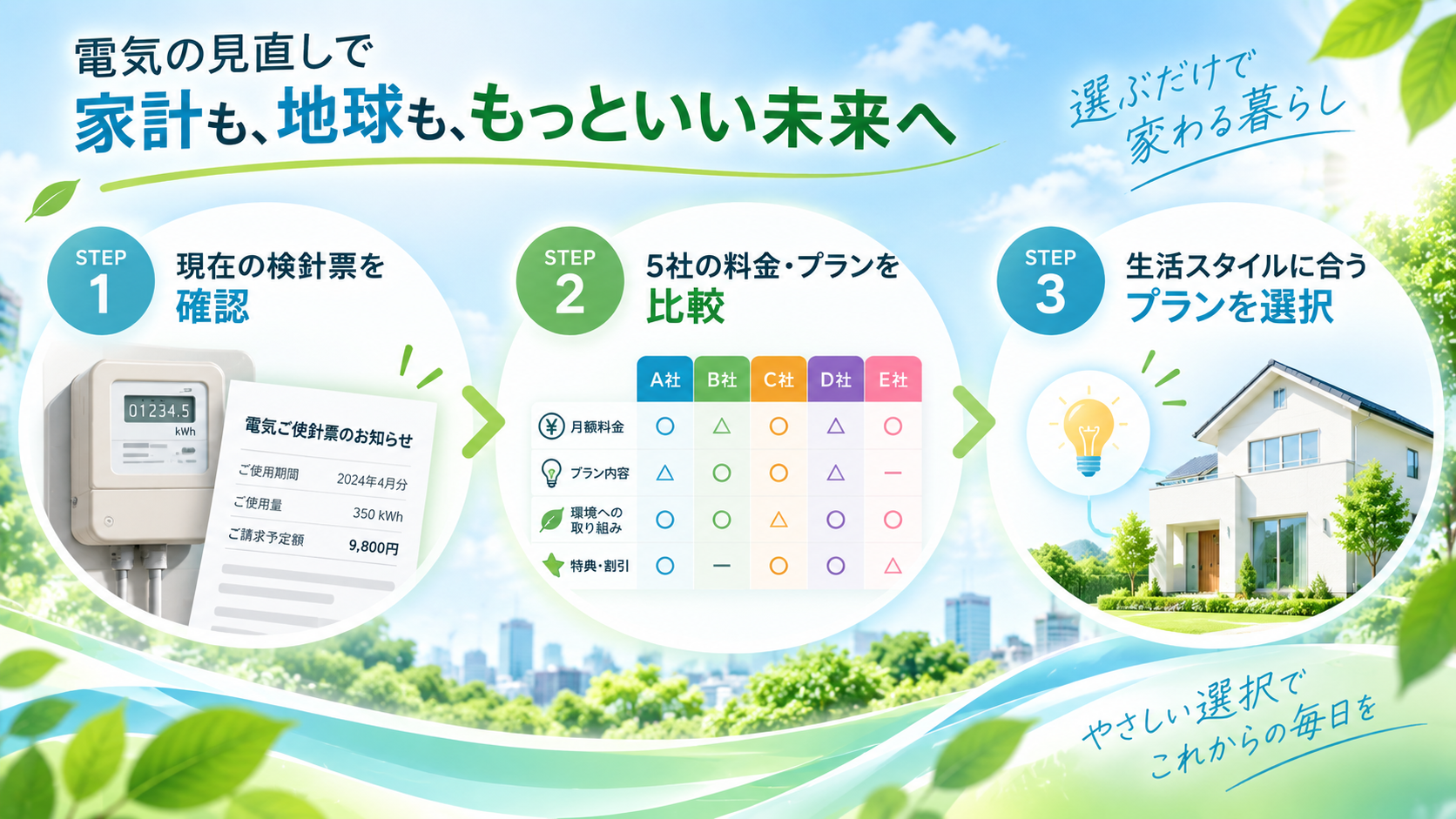 電力会社を比較する3ステップのイメージ